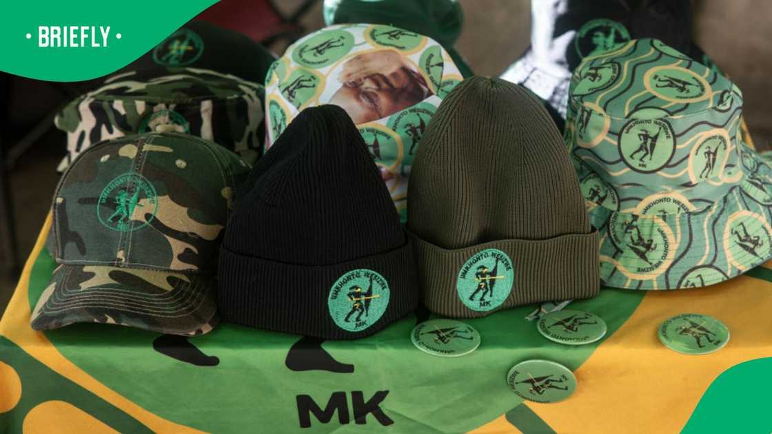 MK Party merchandise is seen at a campaign tent in Soweto on May 27, 2024 in Johannesburg, South Africa