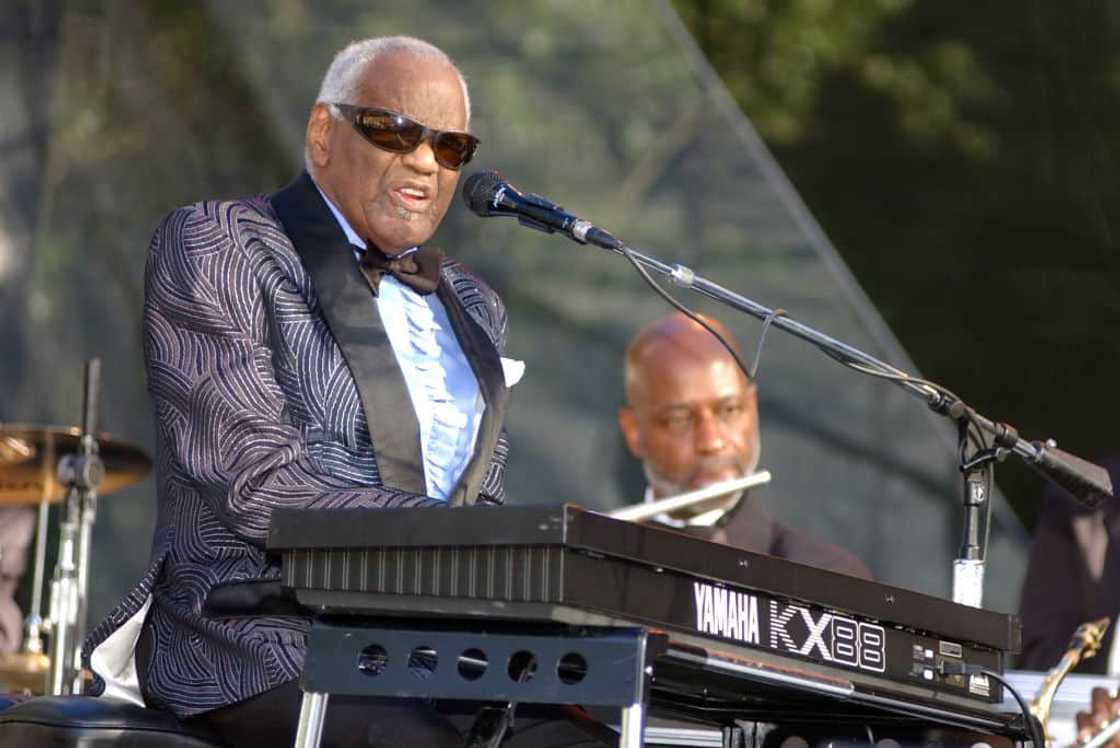Ray Charles speaking onstage Ray Charles speaking onstage