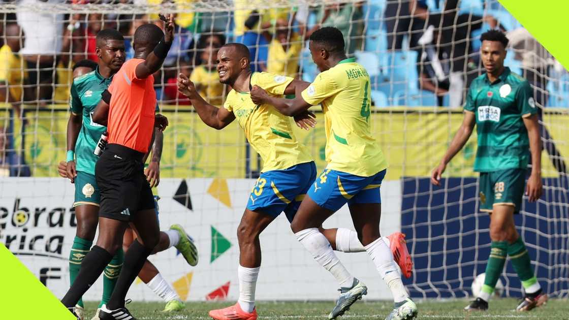 Iqraam Rayners celebrates scoring the winning goal for Mamelodi Sundowns.