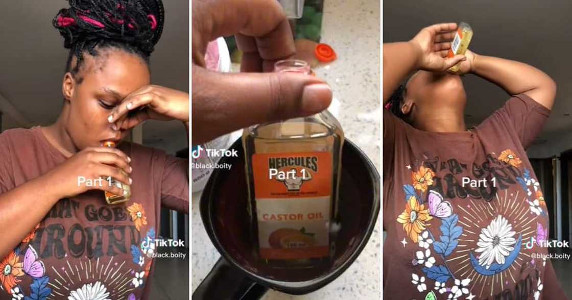 TikTok user Boitumelo Qutywa drinking an entire bottle of castor oil