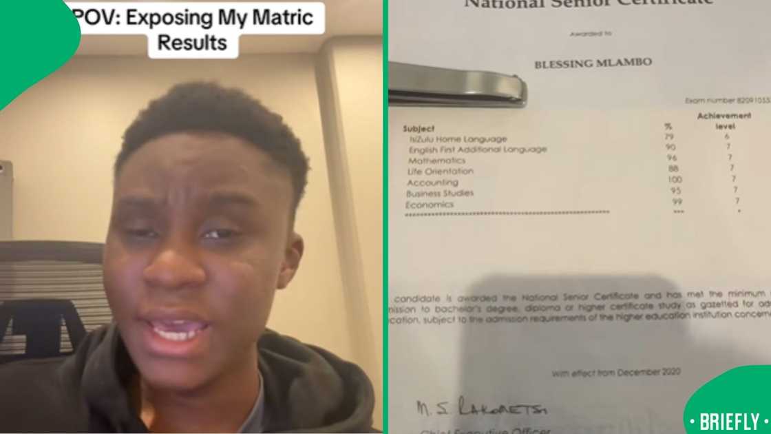 A screenshot showing his matric certificate and perfect accounting result A screenshot showing his matric certificate and perfect accounting result