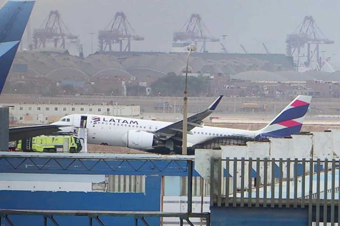 Flight LA2213 is seen after it collided with a fire fighting vehicle at the Jorge Chavez International Ariport in Lima on November 18, 2022 Flight LA2213 is seen after it collided with a fire fighting vehicle at the Jorge Chavez International Ariport in Lima on November 18, 2022