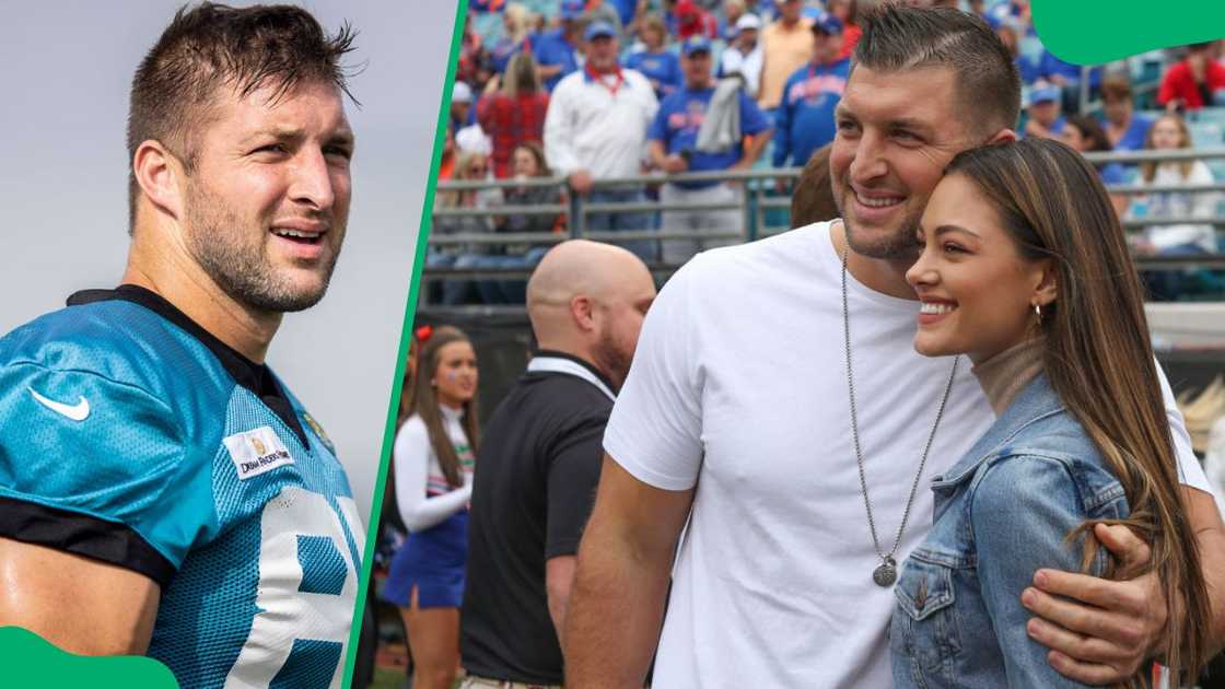 Tim and his wife, Demi-Leigh Tebow, during a 2019 game between the Georgia Bulldogs and the Florida Gators at TIAA Bank Field