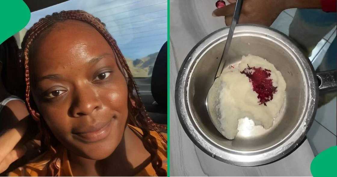 Woman makes pink pap for her parents. Woman makes pink pap for her parents.
