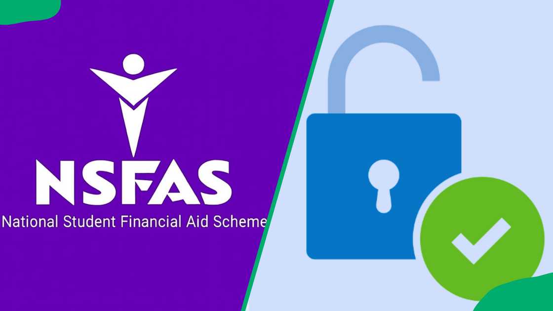 The NSFAS logo and an unlocked padlock with a check mark The NSFAS logo and an unlocked padlock with a check mark