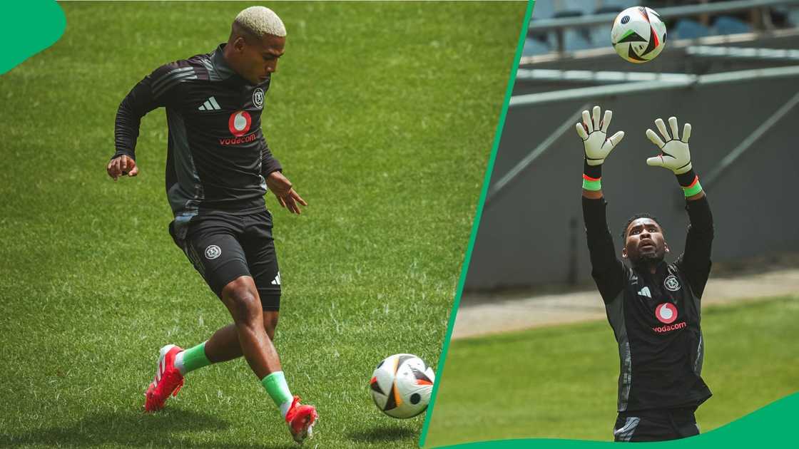 Orlando Pirates stars Deano van Rooyen and Sipho Chaine warm-up.