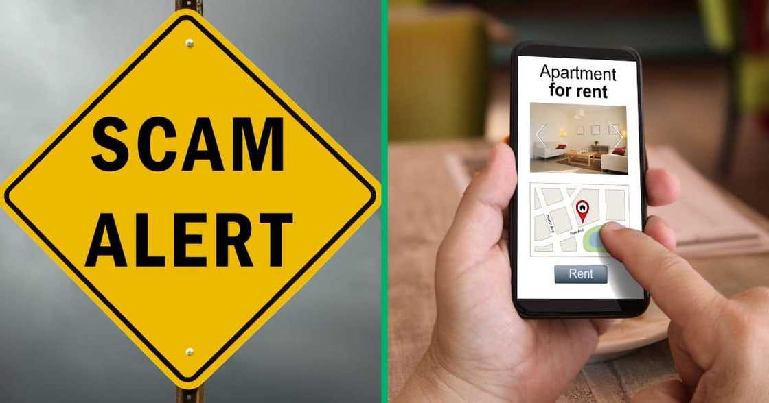 Yellow warning road sign against a stormy sky saying scam alert Yellow warning road sign against a stormy sky saying scam alert