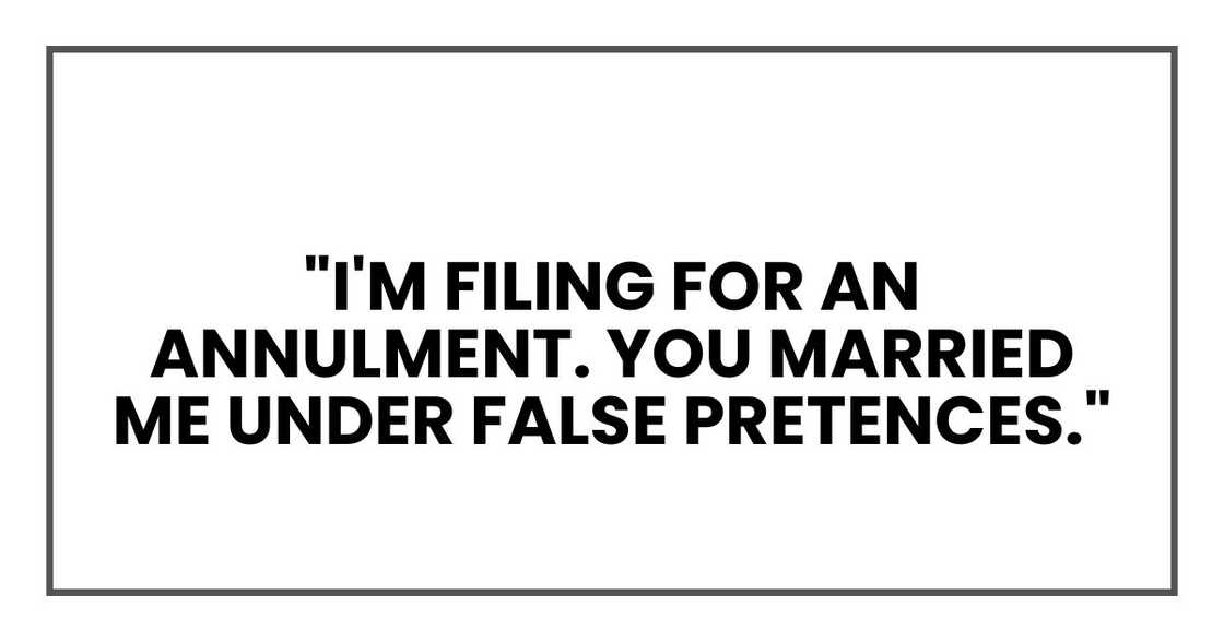 I'm filing for an annulment. You married me under false pretences. I'm filing for an annulment. You married me under false pretences.