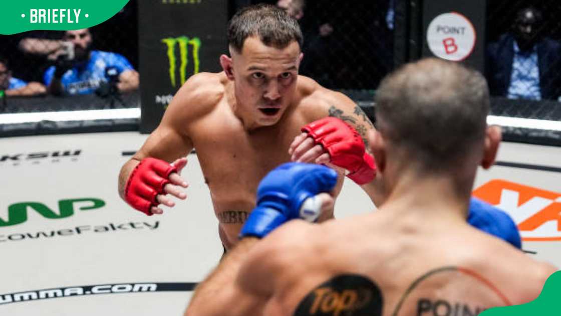 Romain Debienne of France (red gloves) vs Mickael Lebout of France (blue gloves), during the XTB KSW 101 Romain Debienne of France (red gloves) vs Mickael Lebout of France (blue gloves), during the XTB KSW 101