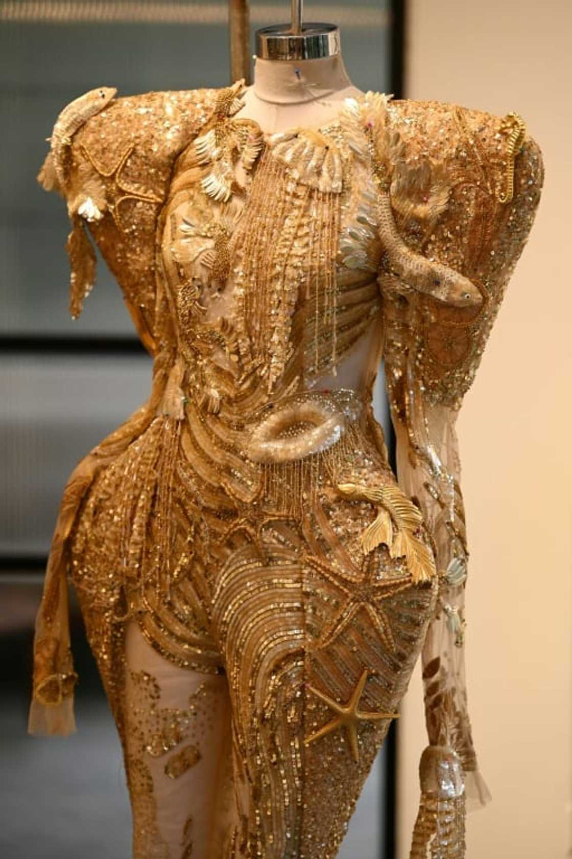One of Indian fashion designer Rahul Mishra's creations is pictured at his workshop in Noida, where his pieces feature elegant embroidery, golden brooches and frilly bustiers with sequins and marine life motifs to elicit the ocean's depths One of Indian fashion designer Rahul Mishra's creations is pictured at his workshop in Noida, where his pieces feature elegant embroidery, golden brooches and frilly bustiers with sequins and marine life motifs to elicit the ocean's depths