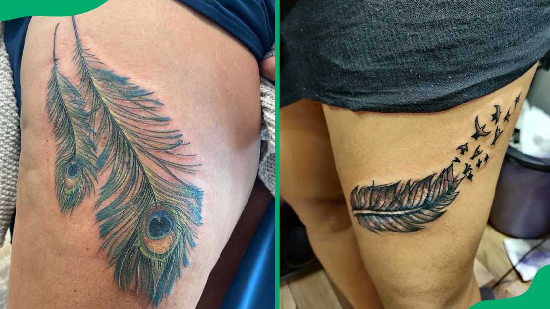 Feather thigh tattoos.