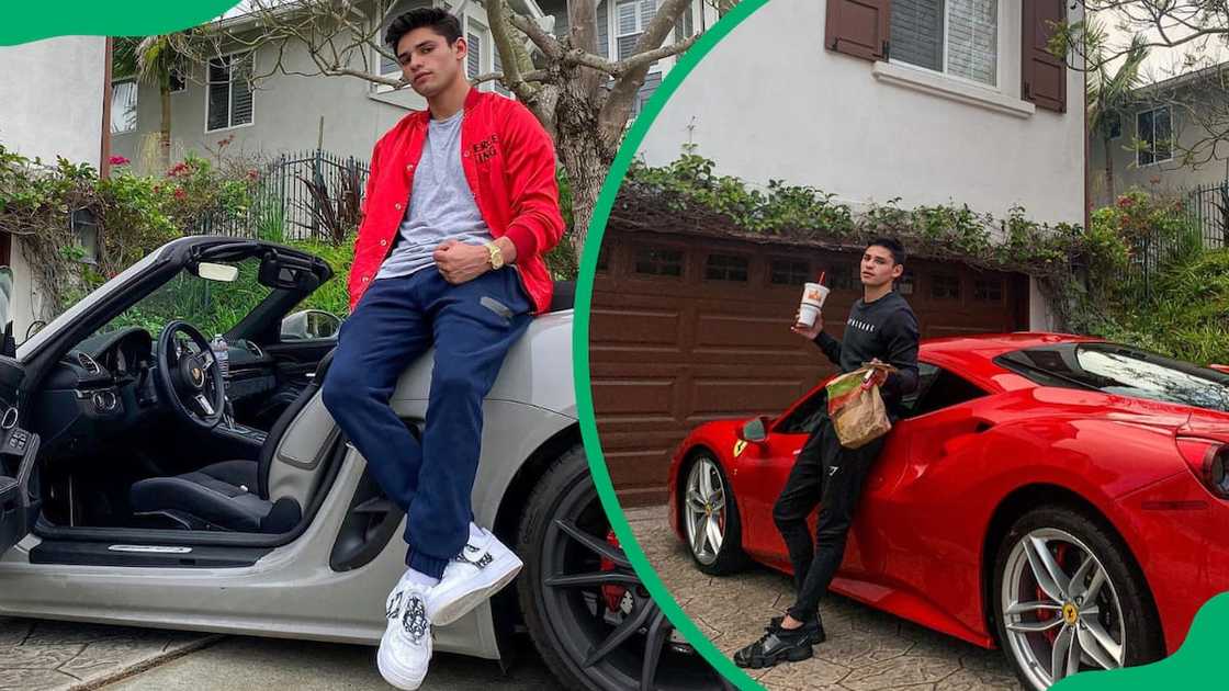 Ryan Garcia sitting on his Porsche 718 Boxster GTS (L). The boxer leaning on his Ferrari 488 GTB (R).