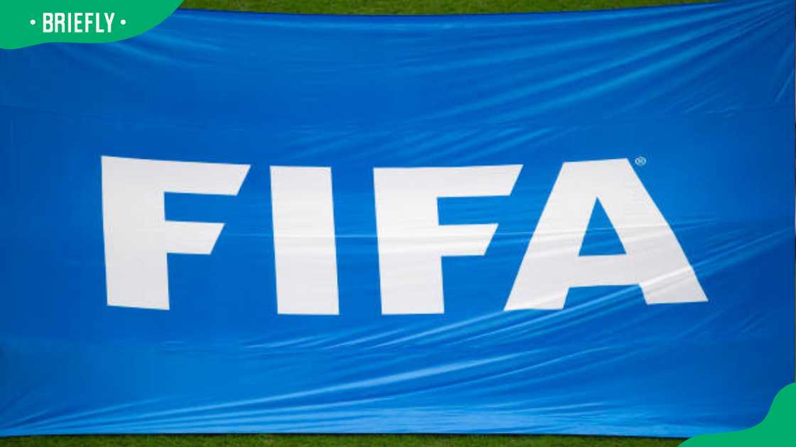 The FIFA logo on a banner at Al Bayt Stadium in Al Khor, Qatar