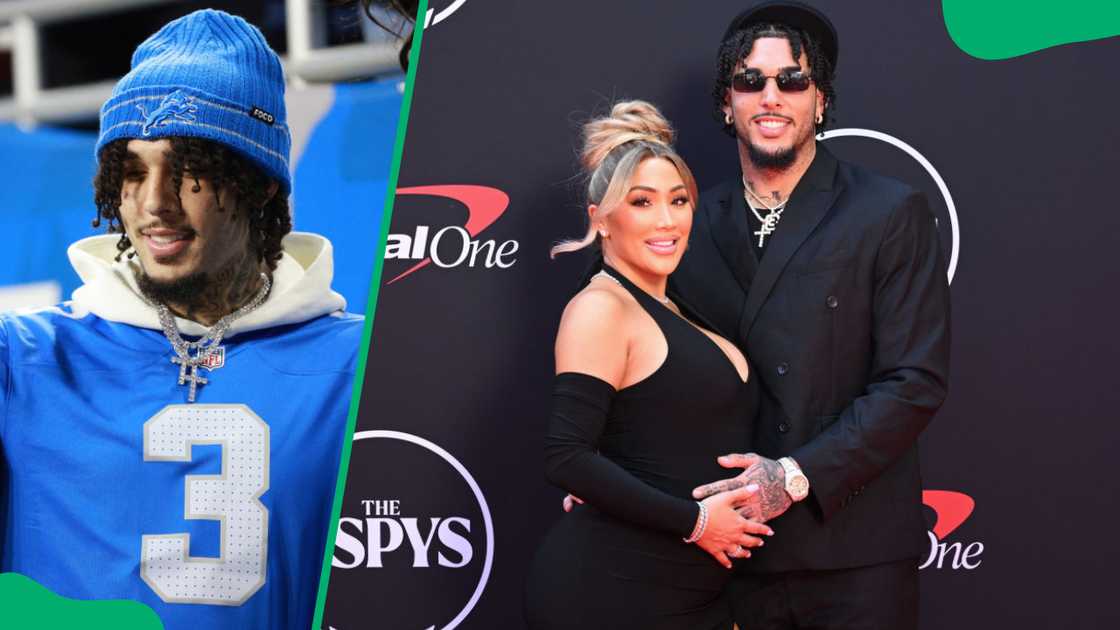 LiAngelo Ball during a 2025 NBA game (L). The rapper and Nikki Mudarris at The 2024 ESPY Awards (R)
