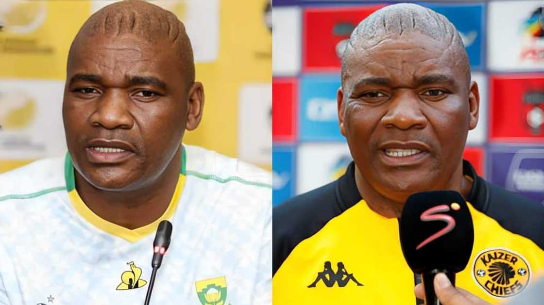 Molefi Ntseki addressing the media in white and yellow and black tees Molefi Ntseki addressing the media in white and yellow and black tees