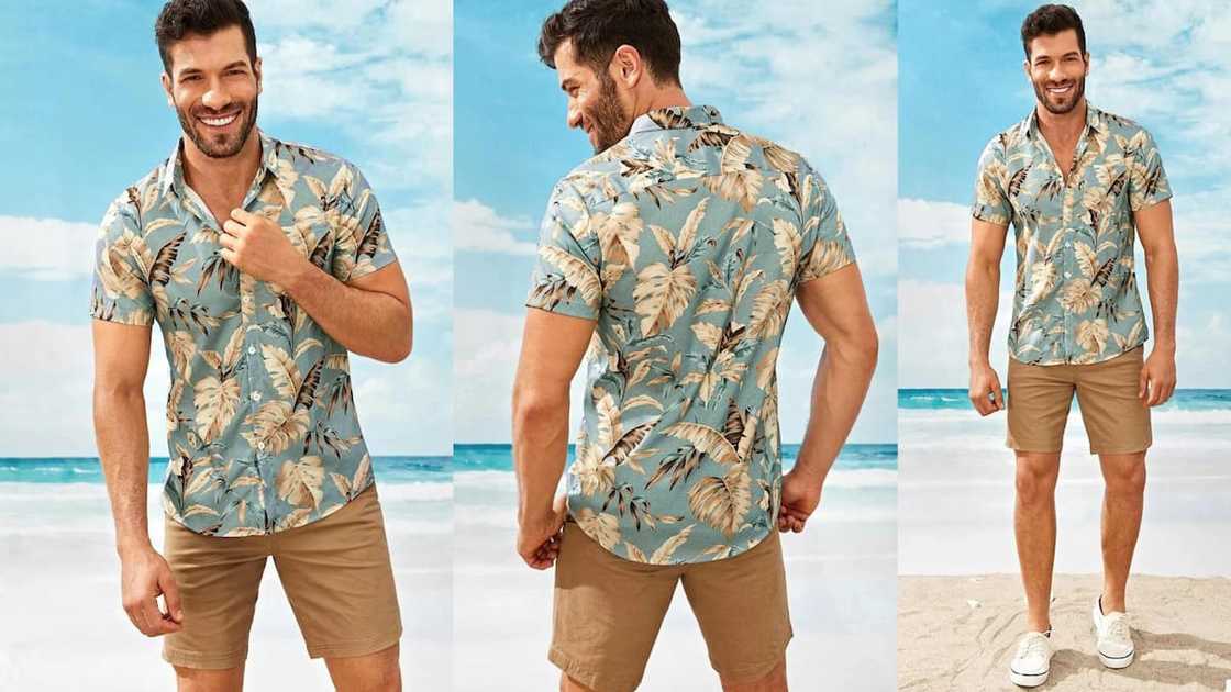 Short-sleeved tropical leaves shirt with khaki pants