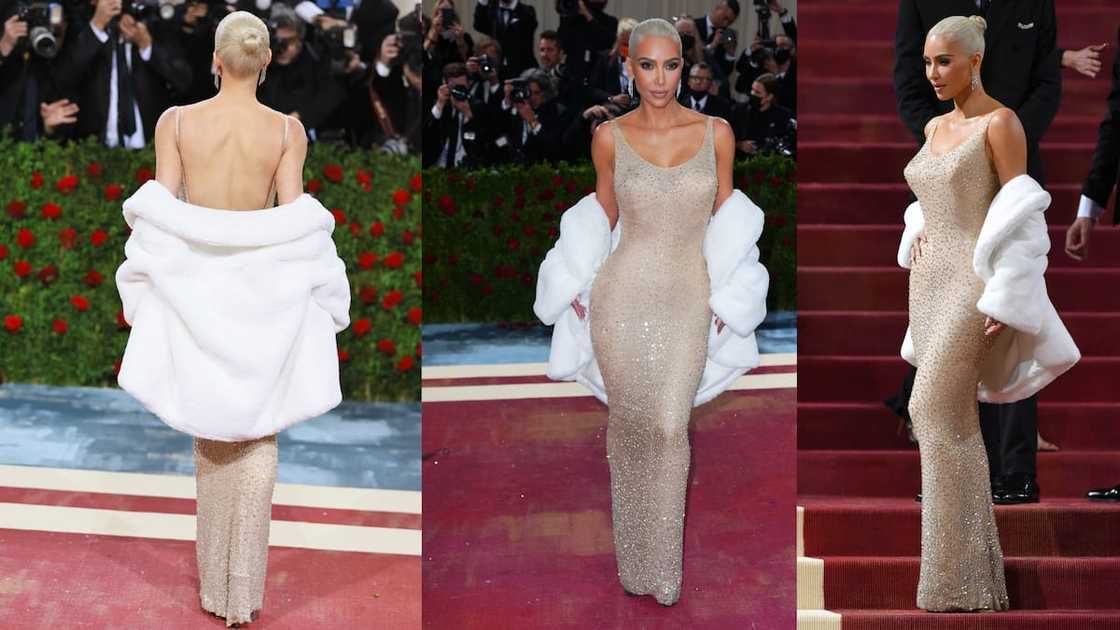 Kim Kardashian in a Marilyn Monroe dress on the 2022 Met Gala red carpet Kim Kardashian in a Marilyn Monroe dress on the 2022 Met Gala red carpet