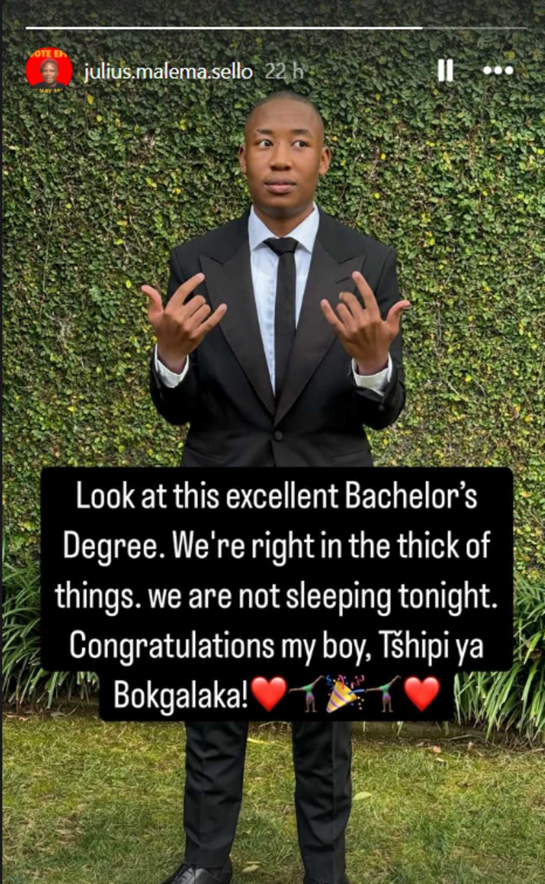 Julius Malema celebrated his son Ratanang's matric pass on Instagram Julius Malema celebrated his son Ratanang's matric pass on Instagram