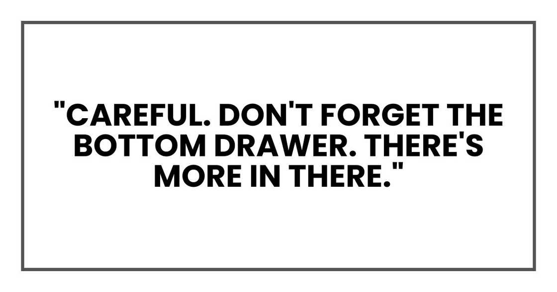 "Careful," Mark said, his tone low. "Don't forget the bottom drawer. There's more in there."