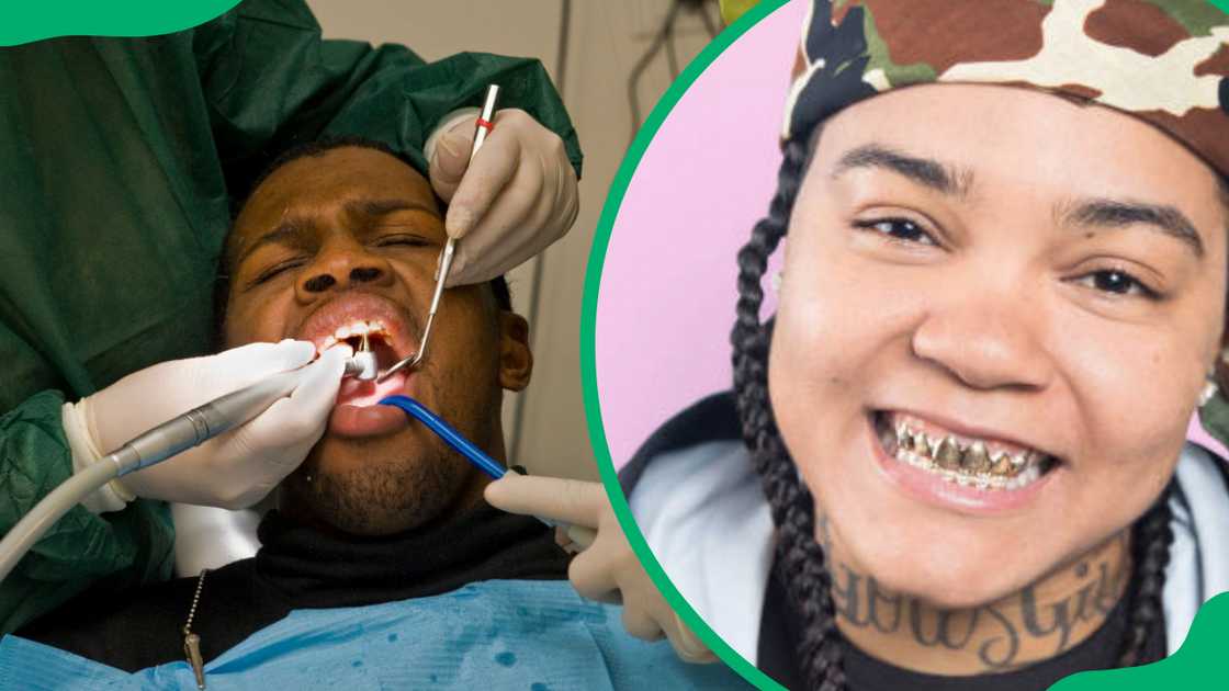 Doctors fixing braces on a patient and a lady smiling showing her braces Doctors fixing braces on a patient and a lady smiling showing her braces