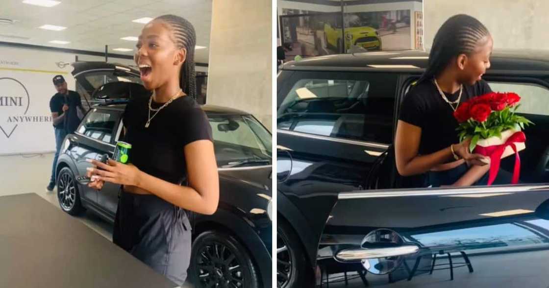 Mahle Khumalo reacts to receiving the keys to her new car Mahle Khumalo reacts to receiving the keys to her new car