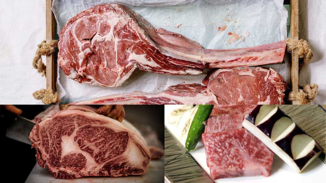 Black Angus Tomahawk (top), Kobe beef (bottom left), and A5 Wagyu Beef (bottom right) Black Angus Tomahawk (top), Kobe beef (bottom left), and A5 Wagyu Beef (bottom right)