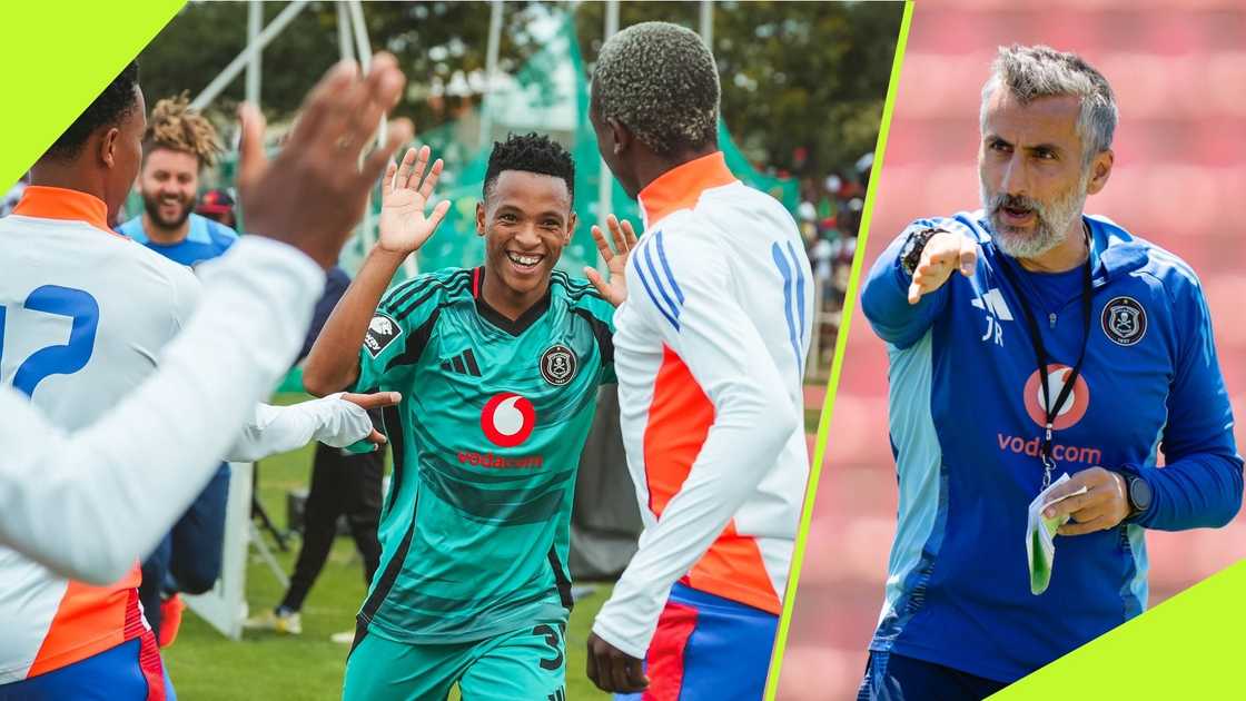 Relebohile Mofokoeng celebrates his stunning goal for Orlando Pirates. Relebohile Mofokoeng celebrates his stunning goal for Orlando Pirates.