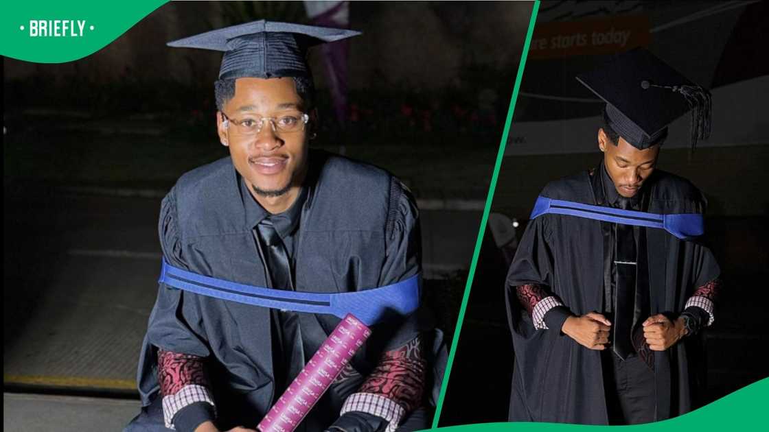 South African graduate in cap and gown holding a pink graduation scroll, celebrating after earning a university degree. South African graduate in cap and gown holding a pink graduation scroll, celebrating after earning a university degree.
