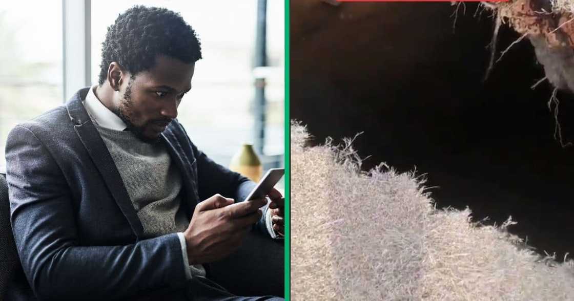 Collage image of a man looking at his phone and a sinkhole in Boksburg Collage image of a man looking at his phone and a sinkhole in Boksburg