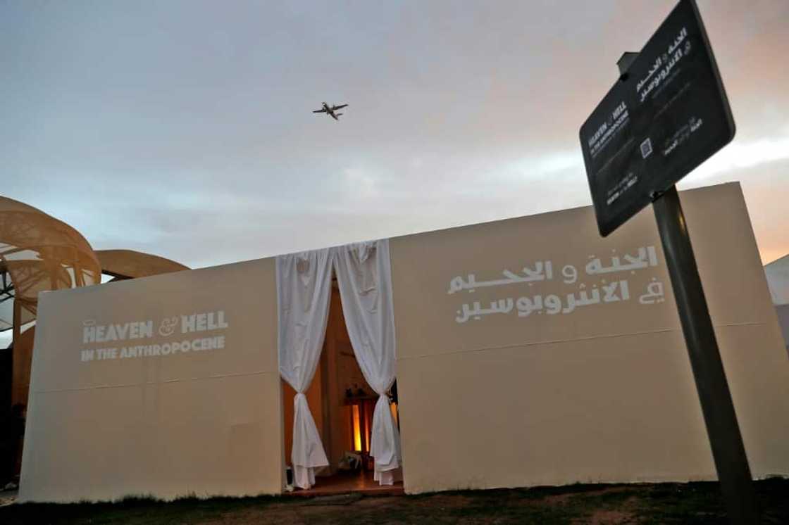 Egyptian artist Bahia Shehab's installation 'Heaven and Hell in the Anthropocene' features two adjacent rooms, one heated at 45 degrees Celsius (113 Fahrenheit) while the other is air-conditioned Egyptian artist Bahia Shehab's installation 'Heaven and Hell in the Anthropocene' features two adjacent rooms, one heated at 45 degrees Celsius (113 Fahrenheit) while the other is air-conditioned