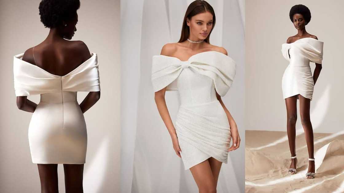 Off-shoulder mini with ruched bodice and draped skirt Off-shoulder mini with ruched bodice and draped skirt