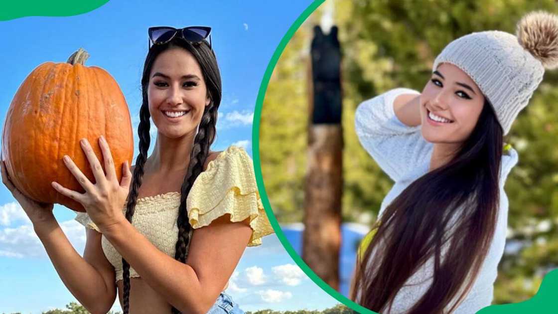 Marie Temara is pictured smiling as she holds a pumpkin and in a white outfit Marie Temara is pictured smiling as she holds a pumpkin and in a white outfit