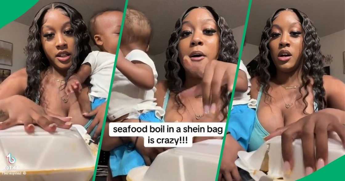 Woman's seafood meal order gets delivered in a Shein bag Woman's seafood meal order gets delivered in a Shein bag