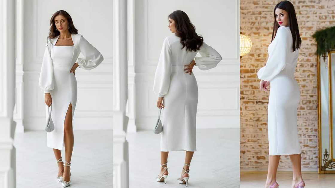 Puff-sleeved midi with square neckline and thigh slit Puff-sleeved midi with square neckline and thigh slit