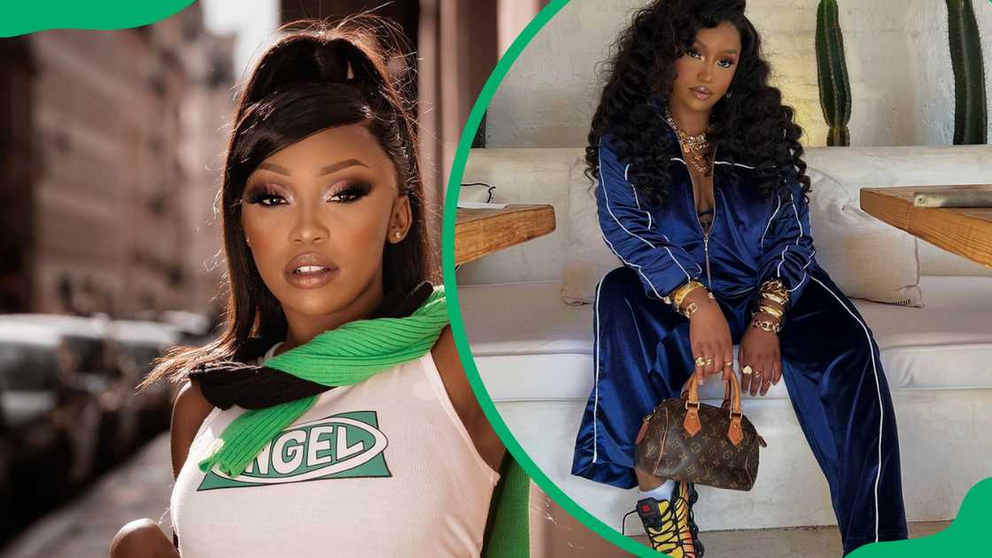 Kamo Mphela poses in a white and green outfit and in a blue suit