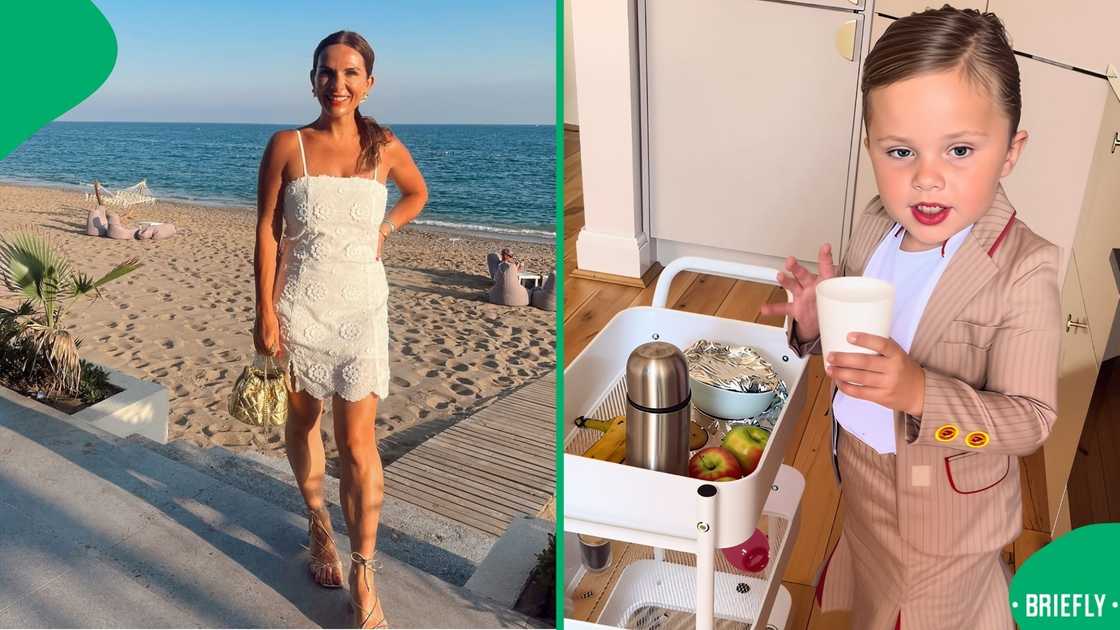 The toddler offered her mom food and drinks from her selection packed in a trolley The toddler offered her mom food and drinks from her selection packed in a trolley