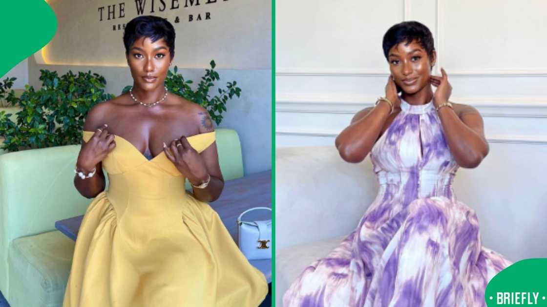 The visual on the right showed the influencer showing off her purple and white dress