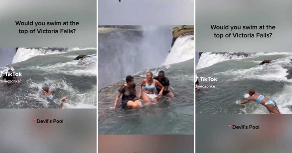 TikTok user @dineozonke swimming at the top of Victoria Falls