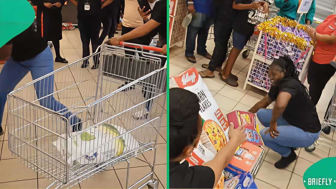 A woman in South Africa placed maize meal into the trolley during the trolley dash competition. A woman in South Africa placed maize meal into the trolley during the trolley dash competition.