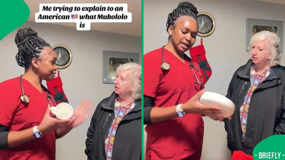 The screenshot on the right captured a South African woman holding a bowl