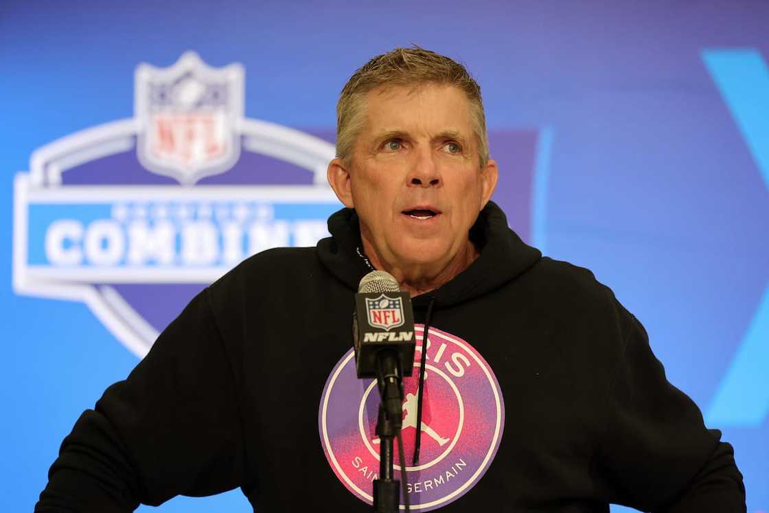 Sean Payton of the Denver Broncos speaks to the media during the NFL Combine