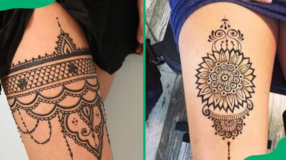 Henna thigh tattoos.