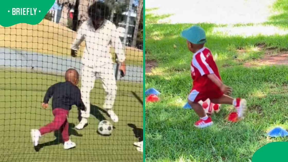 Screenshots of the video of Natasha Thahane's son playing soccer