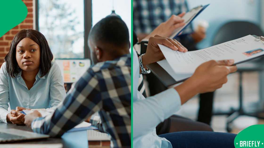 The visual on the right showed a woman holding her resume The visual on the right showed a woman holding her resume