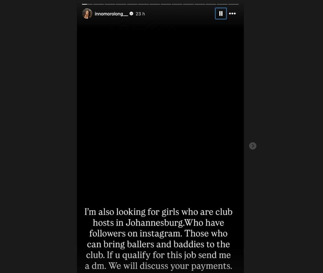 Inno Morolong revealed that she was looking for girls to work in local and international nightclubs Inno Morolong revealed that she was looking for girls to work in local and international nightclubs