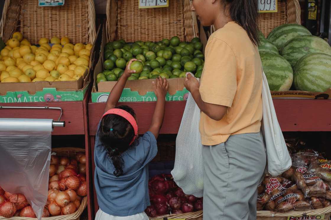 A child reaches for fruit while an adult shops at a market. A child reaches for fruit while an adult shops at a market.