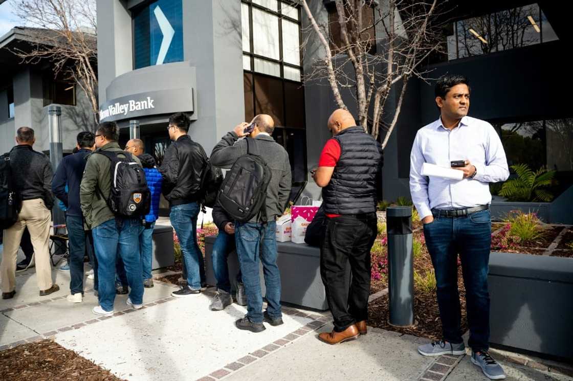 Silicon Valley Bank customers wait in line at SVB’s headquarters in Santa Clara, California on March 13, 2023 Silicon Valley Bank customers wait in line at SVB’s headquarters in Santa Clara, California on March 13, 2023