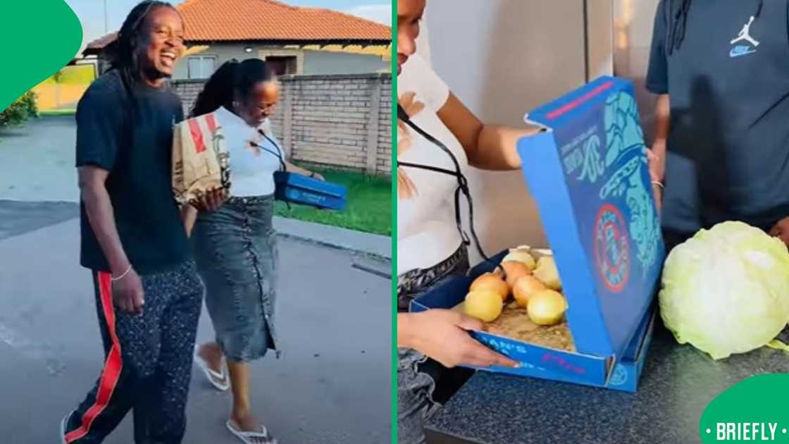 The screenshot on the right showed the couple opening their pizza box revealing vegetables inside