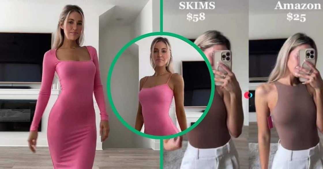 A TikTok video shows a woman's Amazon Skims dupes