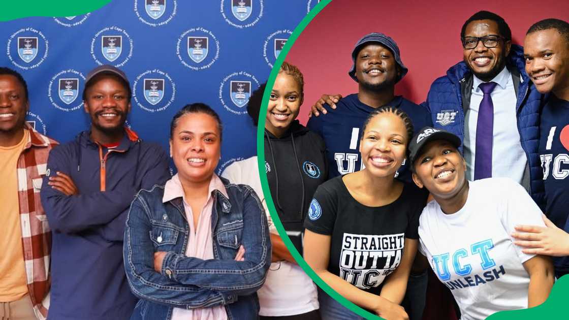 University of Cape Town students in front of a wall with the institution's logo and happy students standing with Prof Mosa Moshabela University of Cape Town students in front of a wall with the institution's logo and happy students standing with Prof Mosa Moshabela